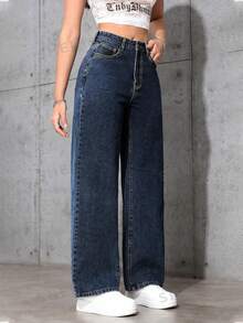 SHEIN Tall Celana Jeans Kasual Warna Polos Serbaguna untuk Wanita Tinggi - Dark Wash - View 4