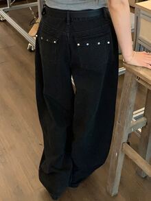 Dazy Plus Solid Color Loose Rivet Casual Street Vacation Curved Leg Jeans, Spring/Autumn New Black Denim Pants - Black - View 3