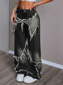 Jeanoix Petite Women's Outdoor Street Style Patchwork Embroidered Five-Point Star Frayed Hem Contrast Color Black Petite Denim Wide Leg Pants - Black - View 5