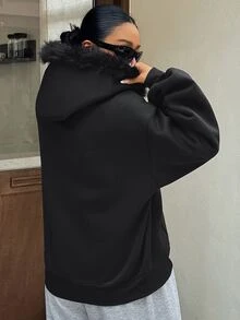 Livesso Plus Size Thermal Lined Thick Fur Collar Patchwork Hooded Loose Blogger Casual Streetwear Autumn/Winter New Sweatshirt - Black - View 2