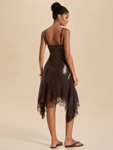Travachic Women's Solid Color Sequin Contrast Lace Hem Cami Dress - Coffee Brown - View 2