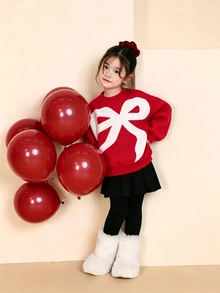 SHEIN 2件組 青少年女孩返校季大學風秋冬蝴蝶結印花長袖衛衣與時尚短裙，修身剪裁，展現青春活力氛圍，適合校園或日常穿著 - 紅色 - 查看 4
