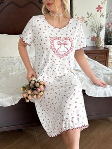 CottageSlumber Sweet Fresh Floral Heart Print Plus Size Nightgown, Girly Bow & Frill Trim Design Loungewear - Apricot - View 3