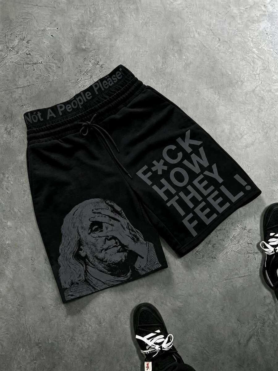 PAVTROS Men's Versatile Slogan Print Drawstring Waist Pocket Shorts Wide Leg - Black - View 1
