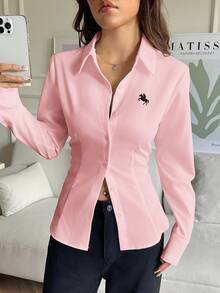 SHEIN EZwear 100%純棉粉色女款休閒百搭款前扣式後腰繫帶修身長袖襯衫，適合秋冬，百搭風格 - 淺粉色 - 查看 5