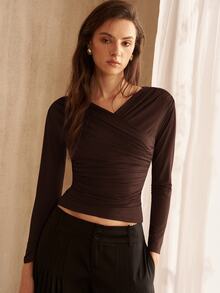 MOTF PREMIUM WOMEN'S PURPLE RUCHED T-SHIRT, FASHIONABLE COMMUTER STYLE FOR AUTUMN/WINTER - Coffee Brown - View 4