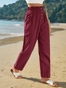 SHEIN Frenchy 女款素色鈕扣門襟休閒百褶長褲 - 酒紅色 - 查看 4