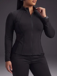 Powerista Women's Plus Size All Seasons Black Solid Color Performance Black Full Zip Sports Jacket Breathable Long Sleeve Exercise Track Top Active Wear - Black - View 1