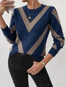 SHEIN PariChic 女款秋冬拼色圓領長袖休閒毛衣 - 彩色 - 查看 5