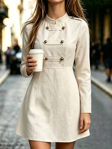 SHEIN Apricot Workwear Mini Dress Epaulet Double Metal Buttons Long Sleeve For Women - Apricot - View 5
