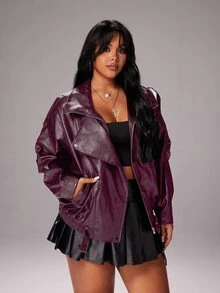 Rustia Plus Size Premium Street Style Cool Autumn New Loose Fit Versatile Fashion Motorcycle Leather Jacket - Red Violet - View 3