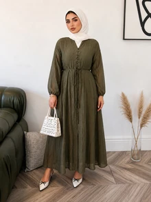 Solavon Plus Size Women Solid Color Notch V-Neck Long Sleeve Waist Tie Casual Dress - Army Green - View 4