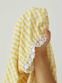 CovetEZ Plus Size Summer Elegant Lace Trim Plaid Blouse - Yellow - View 7