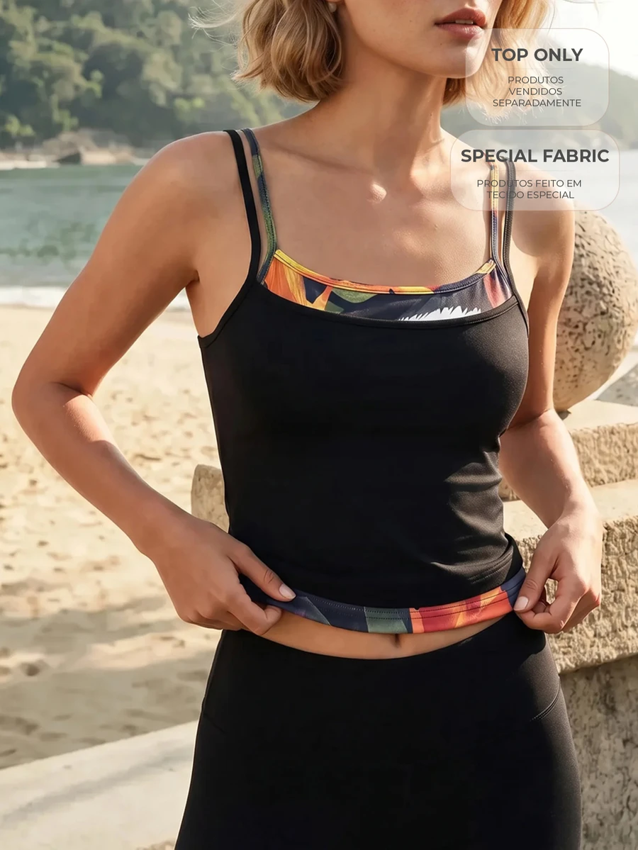 CAJUNI Printed Patchwork 2 In 1 Sports Camisole - Black - View 1