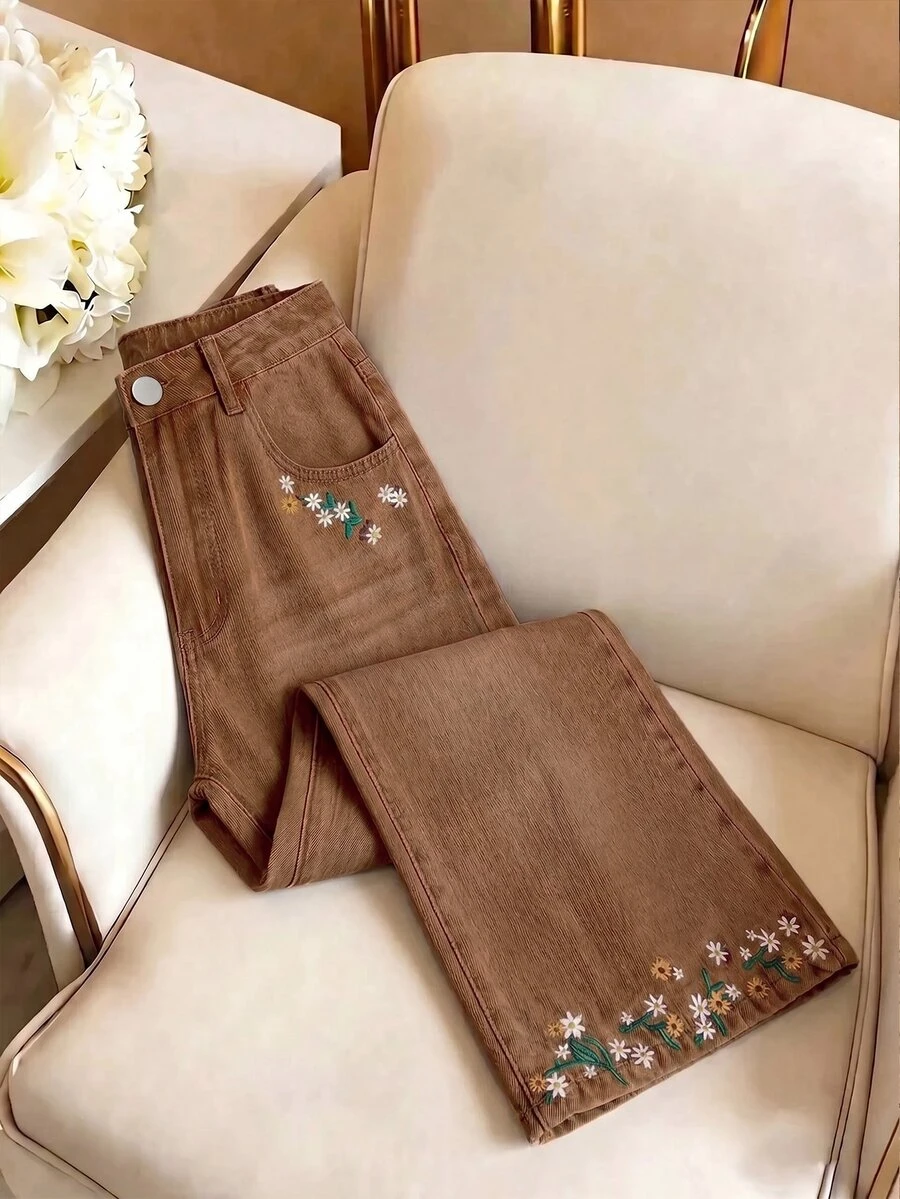 GlowEve 女款夏季花卉刺繡牛仔長褲 - 棕色 - 查看 1