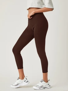 SHEIN BASICS 女款純色透氣七分緊身褲 夏季健身運動休閒穿搭 深棕色 - 棕色 - 查看 3