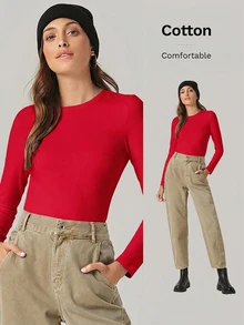 SHEIN BASICS 女款休閒百搭純色修身長袖T恤上衣 白色 - 紅色 - 查看 8