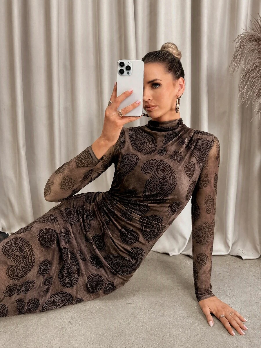 Lavishia Black & Coffee Abstract Print Long Sleeve Fitted Dress For Women Turtle Neck Long Sleeve - Coffee Brown - View 1