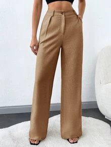 SHEIN Plus Size Women's Solid Slant Pocket Straight Leg Casual Racing Pants Office Brunch Brown Summer - Camel - View 1