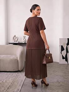 Hourglow Plus Size Women's Midi Dress, Round Neck Short Sleeve Waist-Defining Dress With Pleated Hem - Brown - View 2