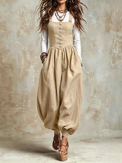 SHEIN Autumn/Winter New Khaki Textured Fabric Square Neck Wide Strap Button-Front High Waist Lantern Pants Jumpsuit, Casual Elegant Minimalist Commuter Style Suitable For Daily Wear, Dating, Travel And Office