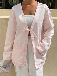 Livesso Tall Jaket Wanita Model Liburan Warna Pink dengan Kerah V dan Lengan Panjang Longgar untuk Musim Gugur - Berwarna merah muda - View 7