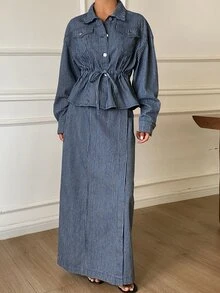 Livesso Tall 女款藍白條紋寬鬆夾克與裙子休閒兩件式牛仔套裝，適合日常秋季穿著 - 中等水洗藍 - 查看 4