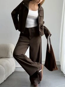 DAZY Women's Solid Color Zipper Front Jacket And Pants Casual 2 Pieces Set Fall - Chocolate Brown - View 7