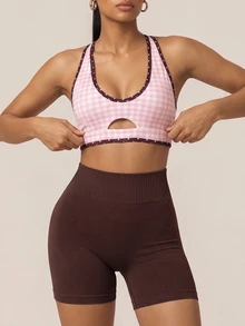 SHEIN BAE Women Pink Plaid Padded Cross Back Sports Bra Checkered Print Contrast Trim Gym Workout Training Running Yoga Athletic Sportswear Top - Baby Pink - View 2
