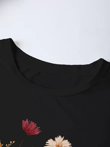 EMERY ROSE 乾花刺繡藝術風印花休閒大碼長袖T恤 - 黑色 - 查看 3