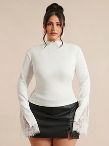 SHEIN BAE CURVE Plus Size Autumn/Winter Solid White Mock Neck Long Sleeve Ribbed Knit Cuff Contrast Lace Women's Top, Practical Base Layer, Fall Outfits,Basics Top - White - View 1