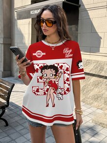 Betty Boop x SHEIN Women's Digital Print Round Neck Short Sleeve Casual Versatile T-Shirt - White - View 3