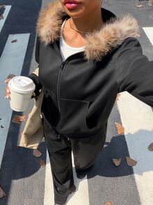 Muchica Black Knit Patchwork Wool Sweatshirt Casual Set, Women's Sports Zipper Set Suitable For Parties, Women's Office Wear, Christmas, New Year, Thanksgiving, Parties, Weddings, Graduation Ceremonies, Elegant, Outings, Dates, Elegant, Y2K, Graduation Ceremonies And More - Black - View 3