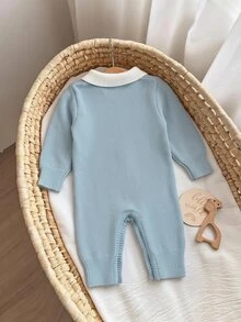 SHEIN 新生兒嬰兒麻花編織長袖單排扣對比領連身衣 - 藍色 - 查看 4