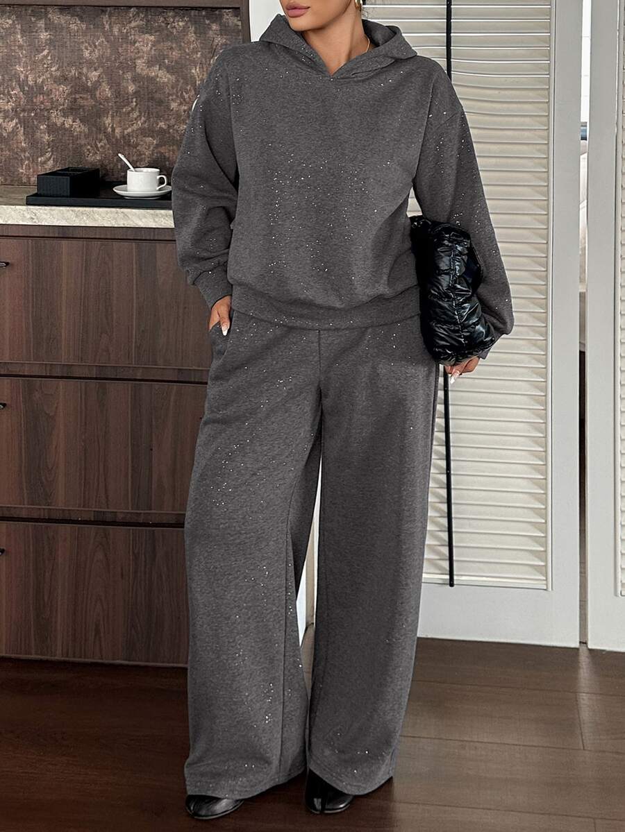 Livesso Plus Size Thermal Lined Thick Sequin Design Autumn Winter Loose Casual Hoodie Sweatshirt And Straight Leg Pants 2pcs Set - Dark Grey - View 1