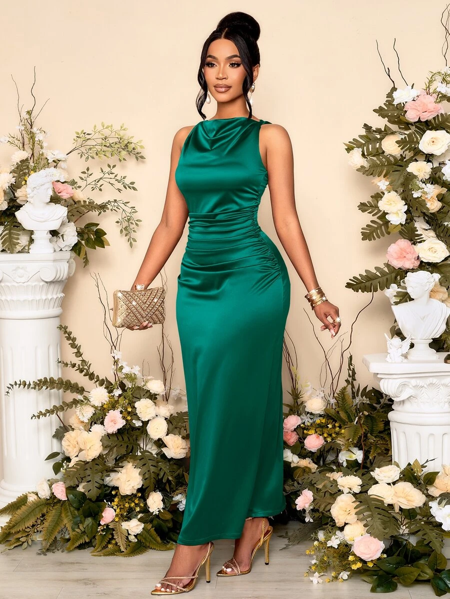 SOLERSUN Women's Elegant Solid Color Drape Neck Ruched Sleeveless Party Dress,Perfect For Banquets - Green - View 1