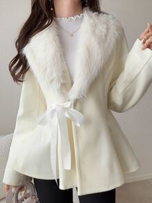 FRIFUL Women's Solid Color Fur Collar Long Sleeve Waist Tie Elegant Overcoat Fall - Beige - View 3