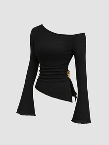 Sunnyshic Women's Asymmetrical Shoulder Flared Long Sleeve Asymmetrical Hem Waist Side Ruched Metal Button T-Shirt - Black - View 4
