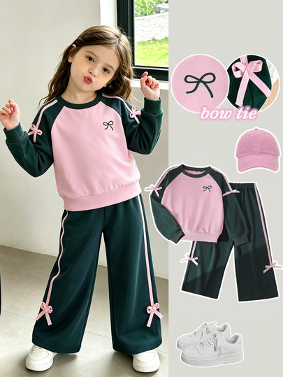 Sparklyn Hot-Selling New Girls 4-7 Years Old Purple Bow Sweatshirt Set, Autumn 2025 INS Style Sporty Casual 2 Pieces Sweatshirt And Sweatpants Outfit