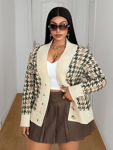 Maweii Plus Size Women's Houndstooth Casual Versatile Daily Wear Cardigan - Multicolor - View 2