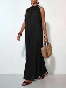 Zivah Women's Solid Color Patchwork Ruffle Halter Neck Dress For Vacation - Black - View 5