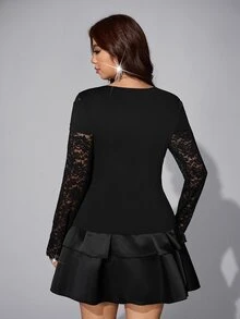 Viva Relle Plus Size Women's Elegant V-Neck Lace Patchwork Solid Fabric Elegant Ruched Collar T-Shirt, Daily Wear, Commute Wear Fall - Black - View 2