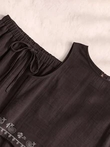 Rusticease Women's Cashew Embroidery Round Neck Tank Top And Long Pants Casual Set - Coffee Brown - View 5