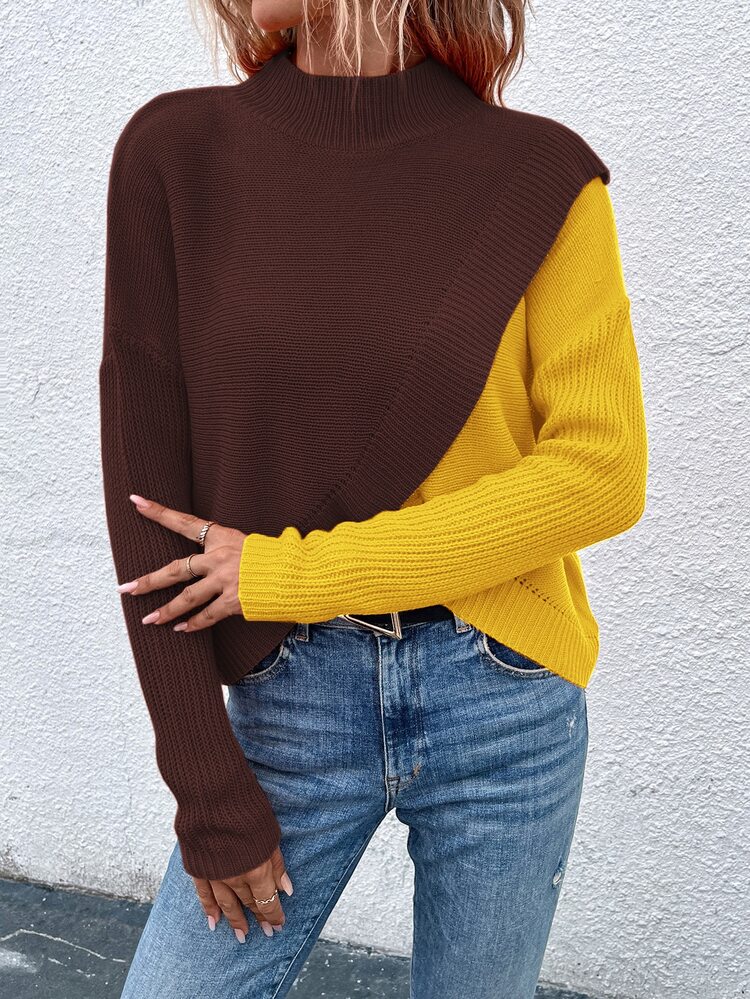 EMERY ROSE Autumn/Winter Casual Colorblock Patchwork Wrap Sweater - Multicolor - View 3