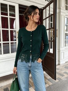 SHEIN Franclia 優雅蕾絲飾邊女款開襟衫 - 墨綠色 - 查看 5