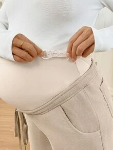 SHEIN Maternity Solid Color Adjustable Waist Straight Leg Casual Pants - Khaki - View 8