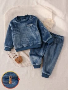 2pcs/Set Autumn/Winter Thickened Fleece Double-Sided Flannel Baby Boy Set, Deep Blue Plush, Exquisite Cute English Embroidery On Chest, Casual Minimalist Pullover Slightly Dropped Shoulder Long Sleeve Top And Long Pants, Home Wear, Winter Style - Blue - View 3