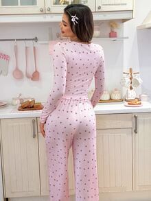 SweetSlumber Women's Bow Print Long Sleeve Top And Pants Pajama Set - Pink - View 2