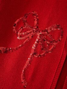 SHEIN Clasi Cardigan Rajut Wanita Ukuran Besar Lengan Panjang Berpayet dengan Pita dan Bagian Depan Terbuka, Warna Merah Musim Gugur, Motif Langit Berpayet - Merah - View 4