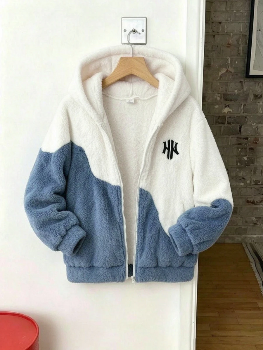 SHEIN 男童秋冬抓絨連帽字母印花夾克,校園夾克,運動夾克 - 彩色 - 查看 1